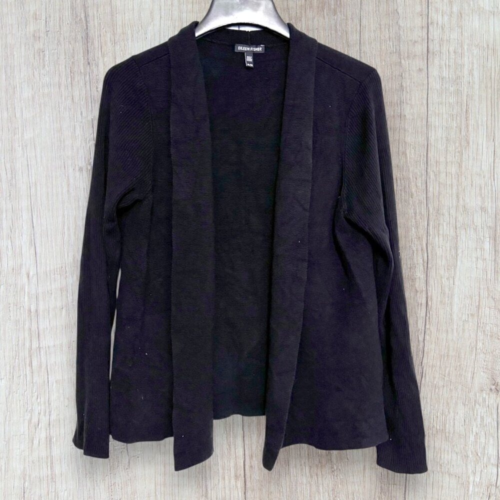 Eileen Fisher Silk Cotton Interlock Open Front Cardigan Black XL Luxe Knit